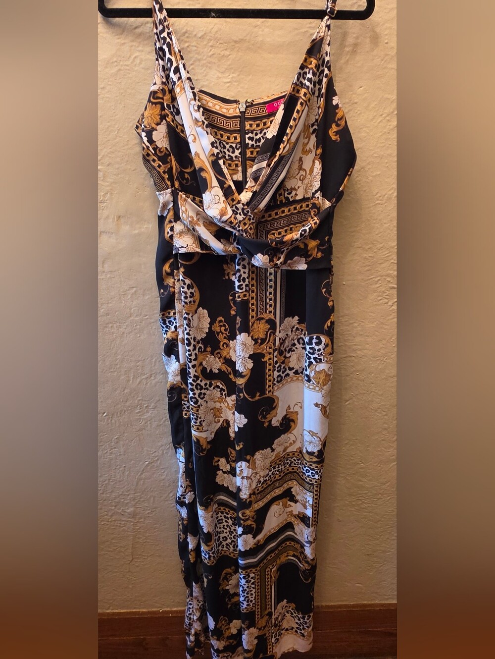 GUESS L Baroque Chain Leopard Print Draped Wide Leg Jumpsuit Maxi